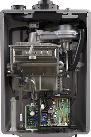 Interior view of the Rinnai RX199iN showing the stainless steel heat exchanger, blower assembly, and control circuitry